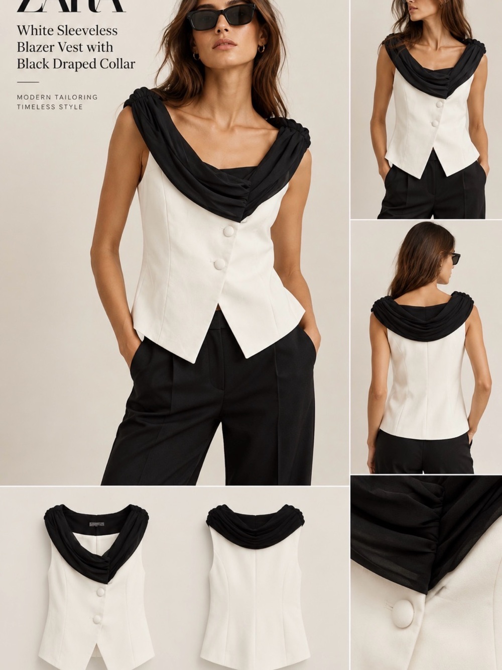Zara White Sleeveless Blazer Vest with Black Draped Collar